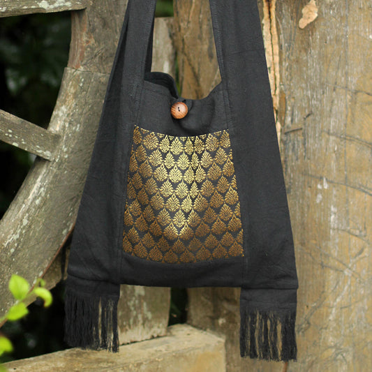 Golden Lotus Brocade and Black Cotton Sling Bag