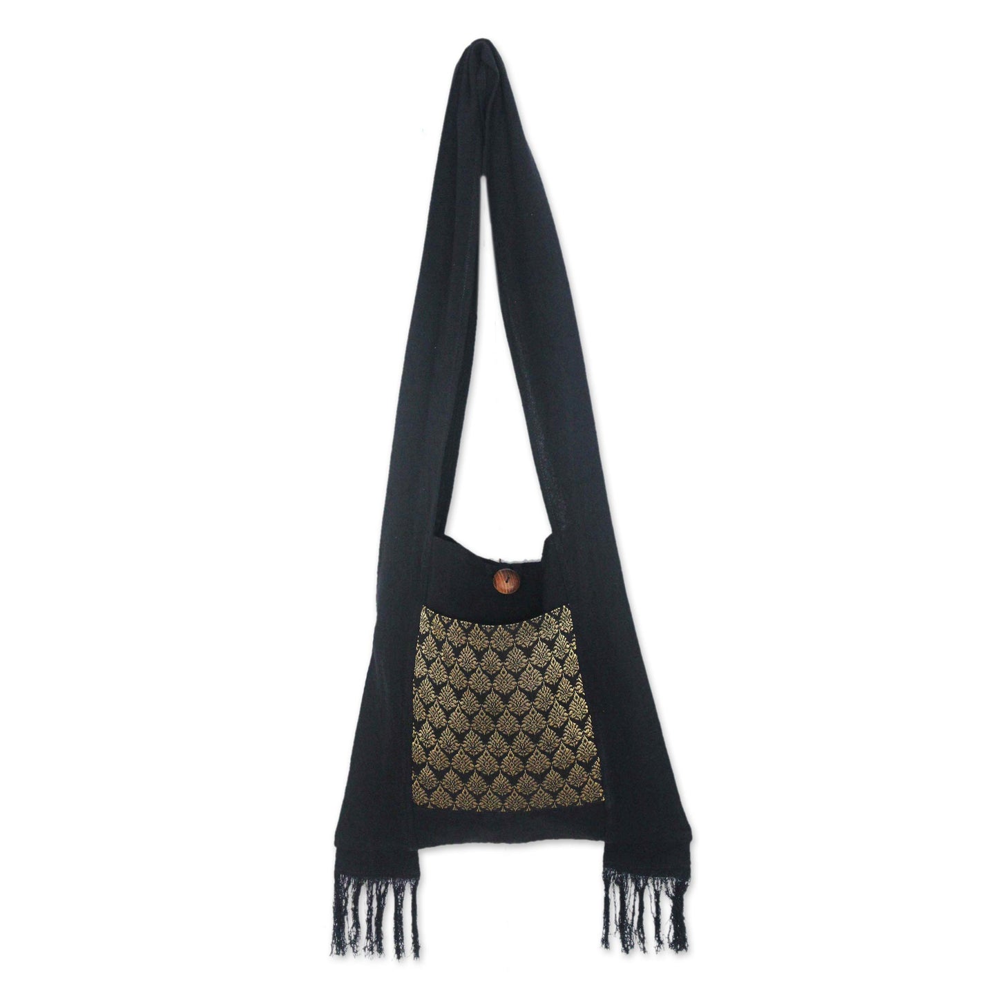 Golden Lotus Brocade and Black Cotton Sling Bag