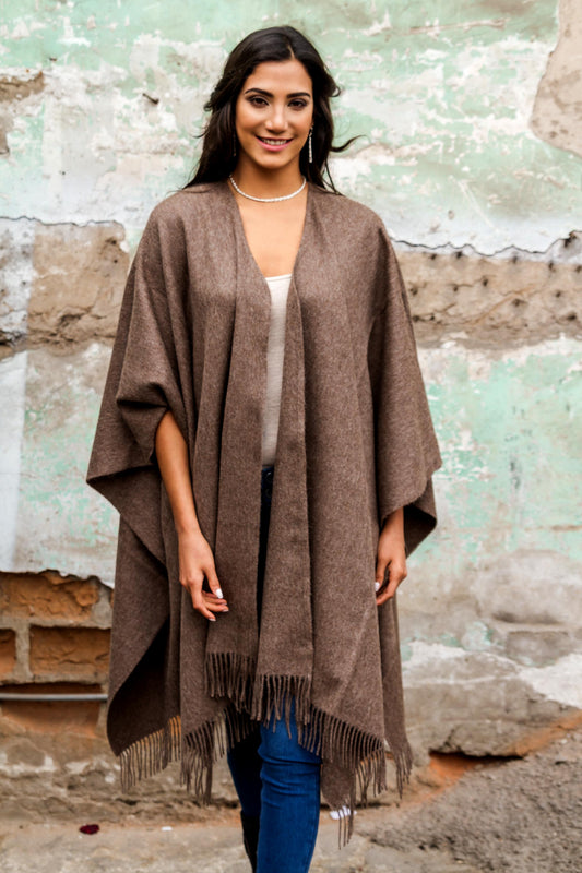 Lush Dark Brown Alpaca Wool Solid Wrap Ruana from Peru