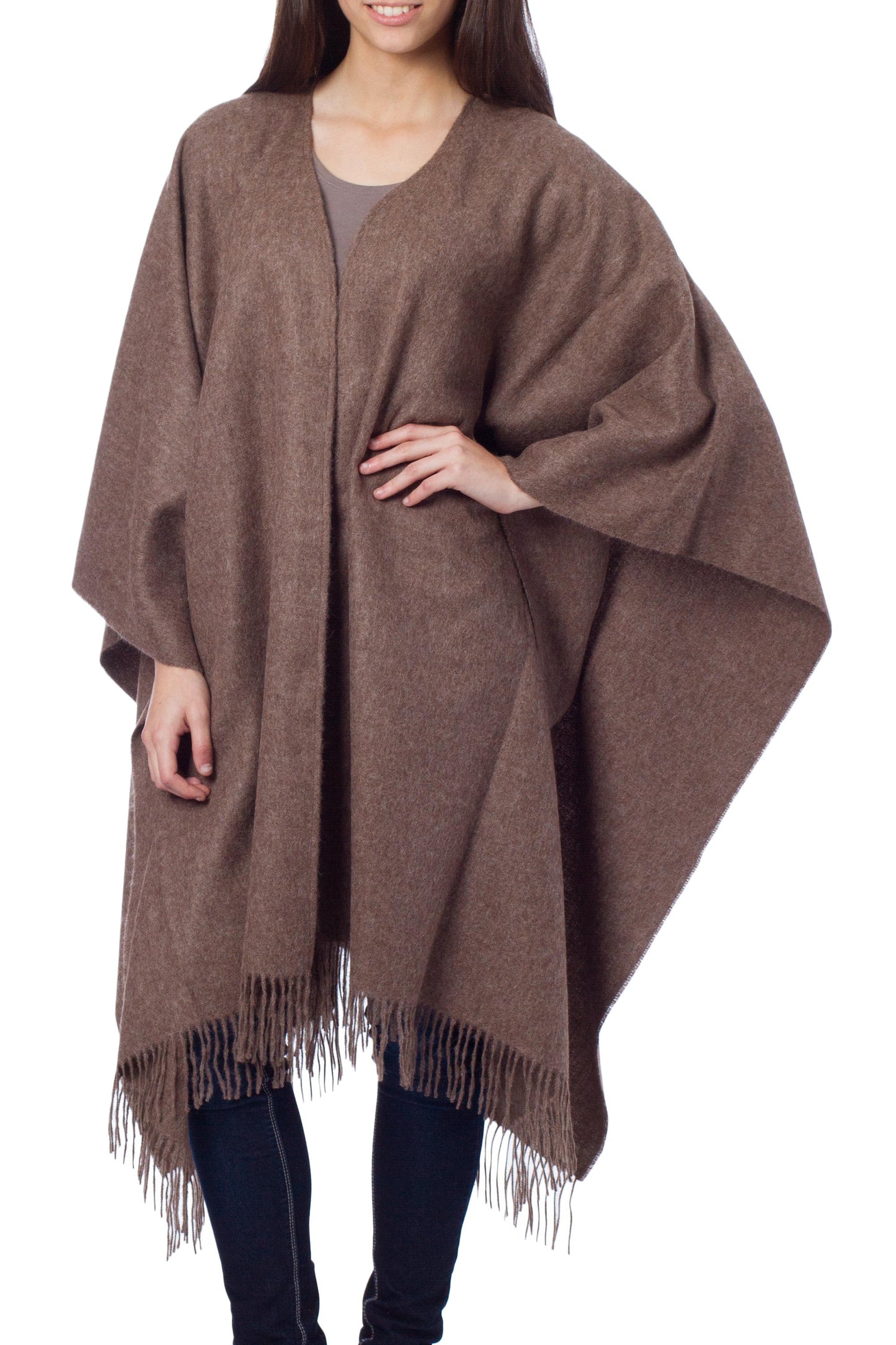 Lush Dark Brown Alpaca Wool Solid Wrap Ruana from Peru