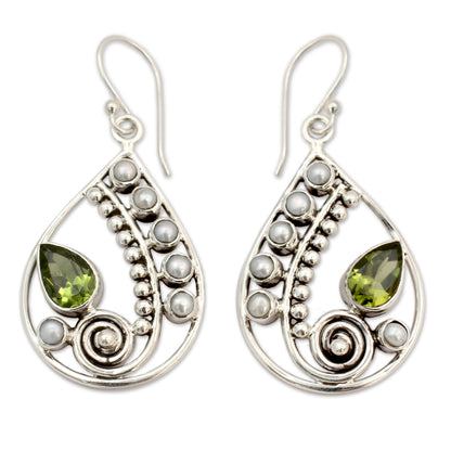 Inspired Paisley Pearl and Peridot Earrings Sterling Silver Jewelry