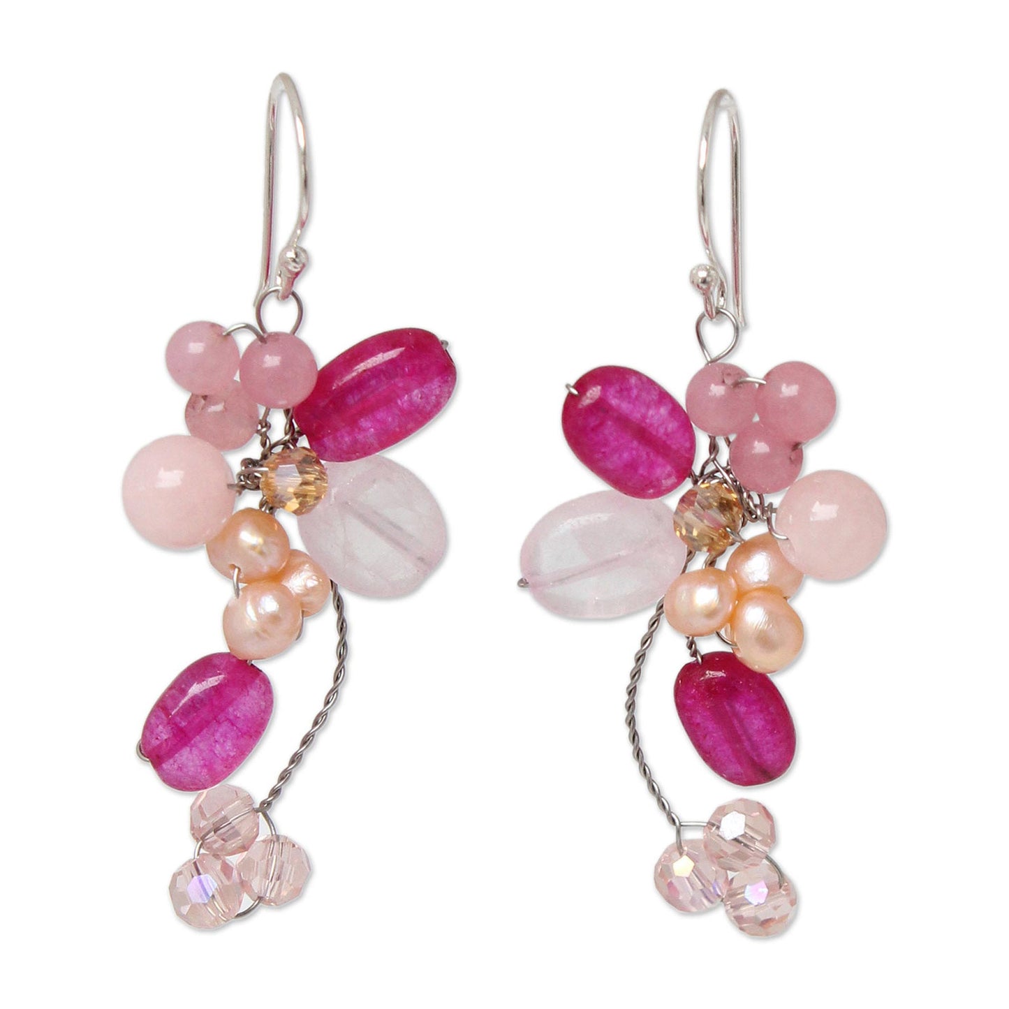 Radiant Pink Bouquet Pearl Cluster Dangle Earrings