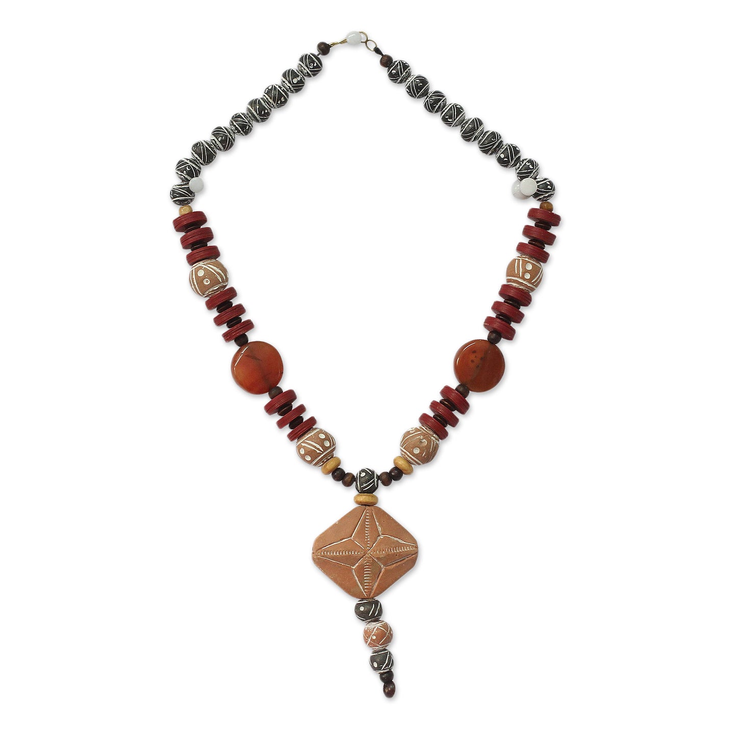 African Queen of Peace Agate and Ceramic Pendant Necklace