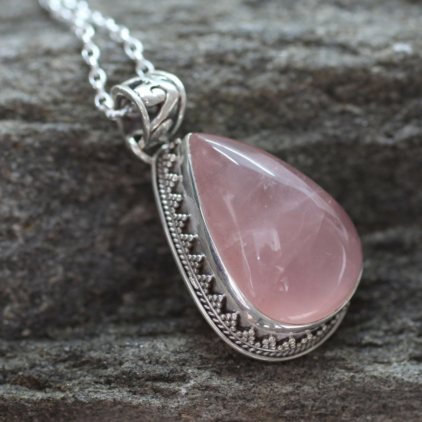 Love Drop Rose Quartz Silver Pendant Necklace