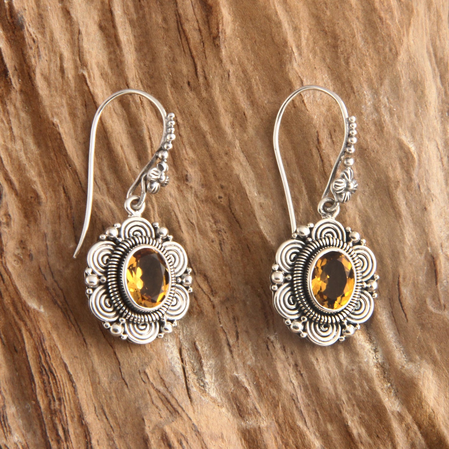 Balinese Sunflower Floral Sterling Silver and Citrine Dangle Earrings