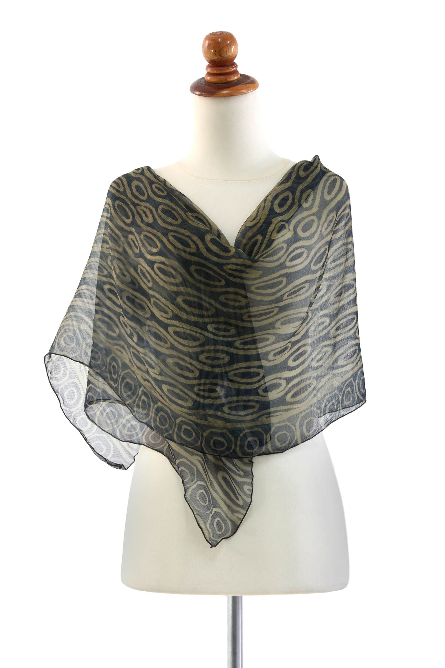 Olive Mist Geometric Patterned Silk Scarf from Indonesia