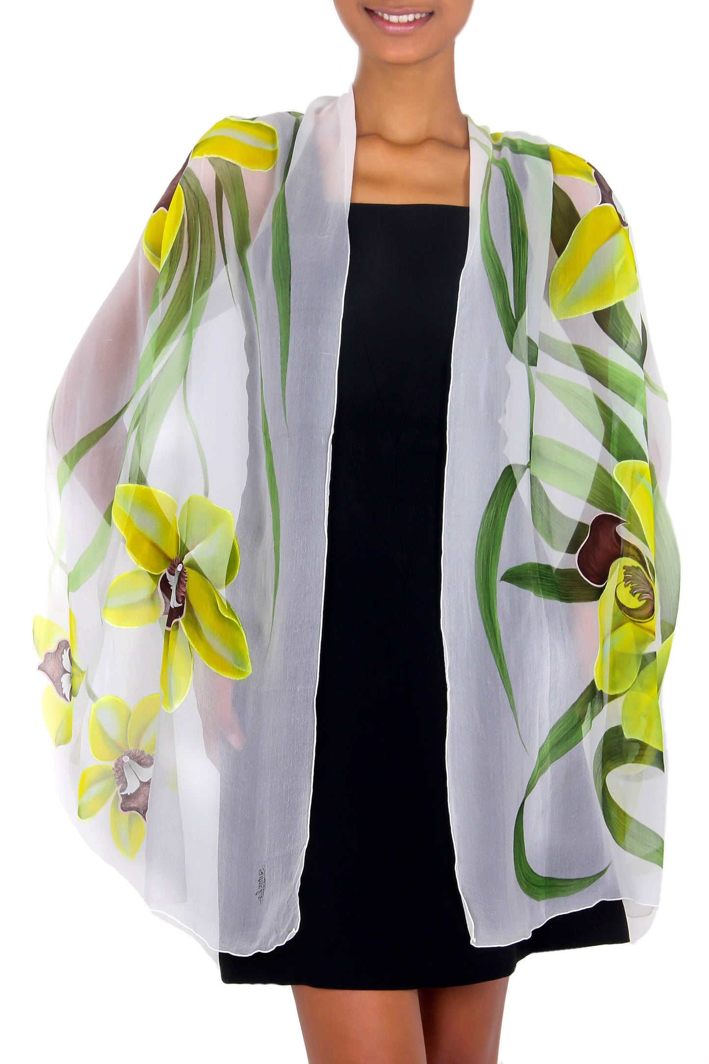 Green Orchid Handpainted Silk Shawl