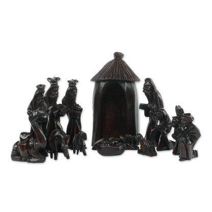 Gifts from the Ghanaian Magi Handcrafted Teak Wood Nativity Scene Sculpture (14 Piece)