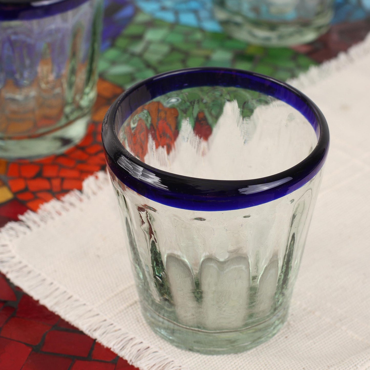 Short Cobalt Groove Blue Rim Juice Glasses