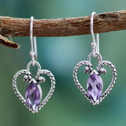 Mystic Love Amethyst Heart Earrings in Sterling Silver from India