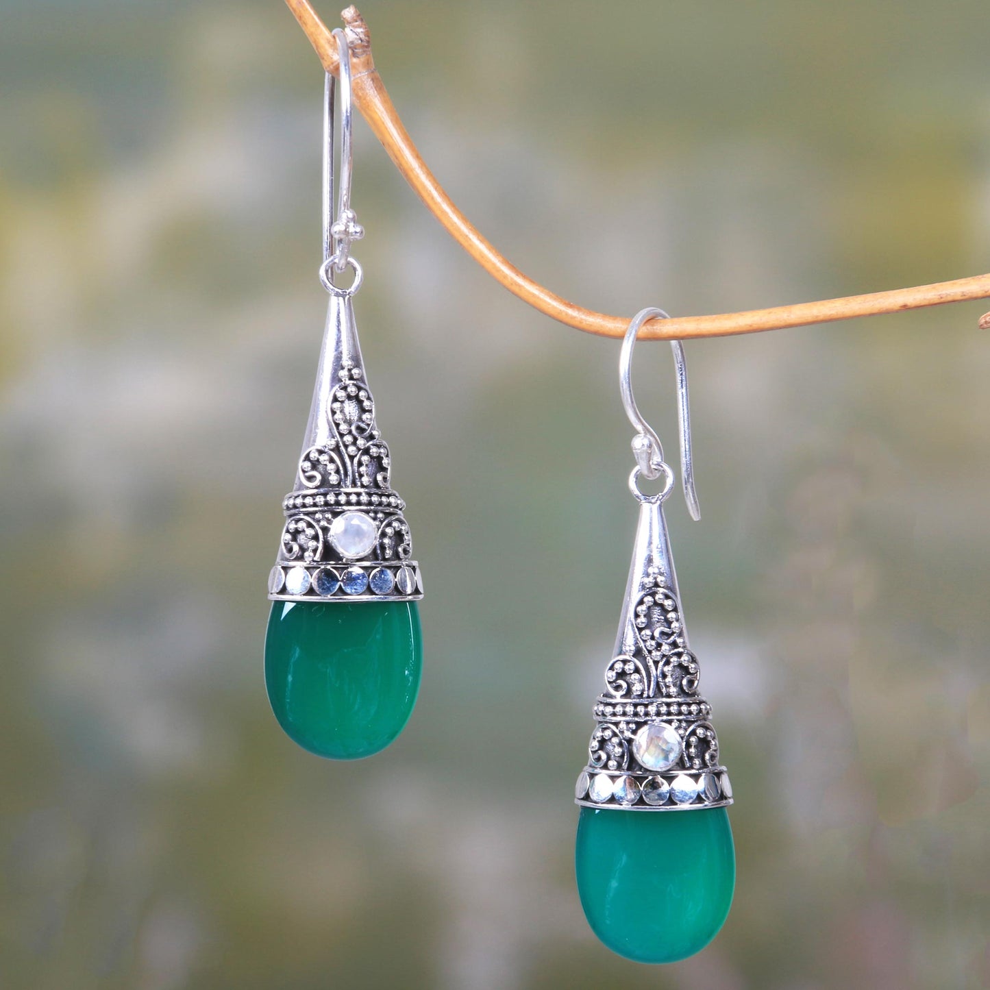 Bali Tradition Sterling Silver and Green Onyx Earrings