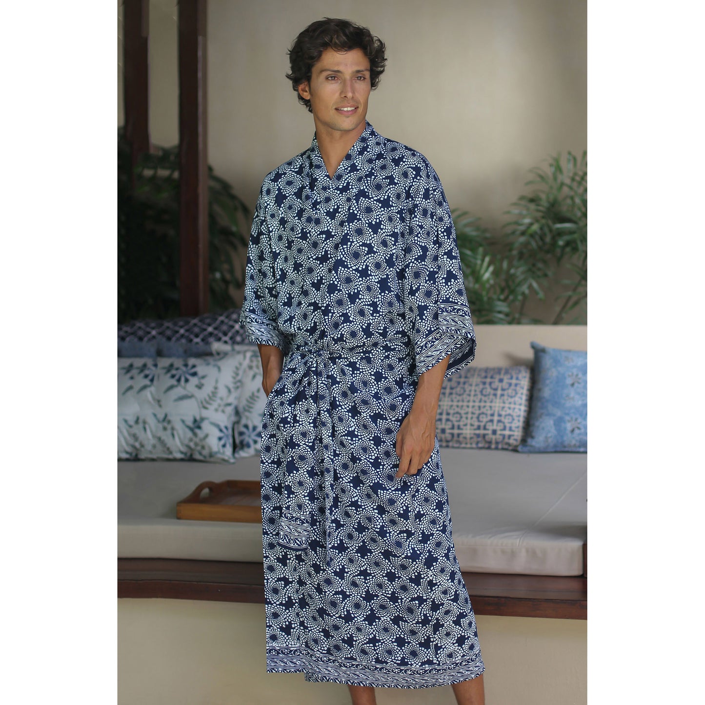 Navy Blue Nebula Men's Batik Robe