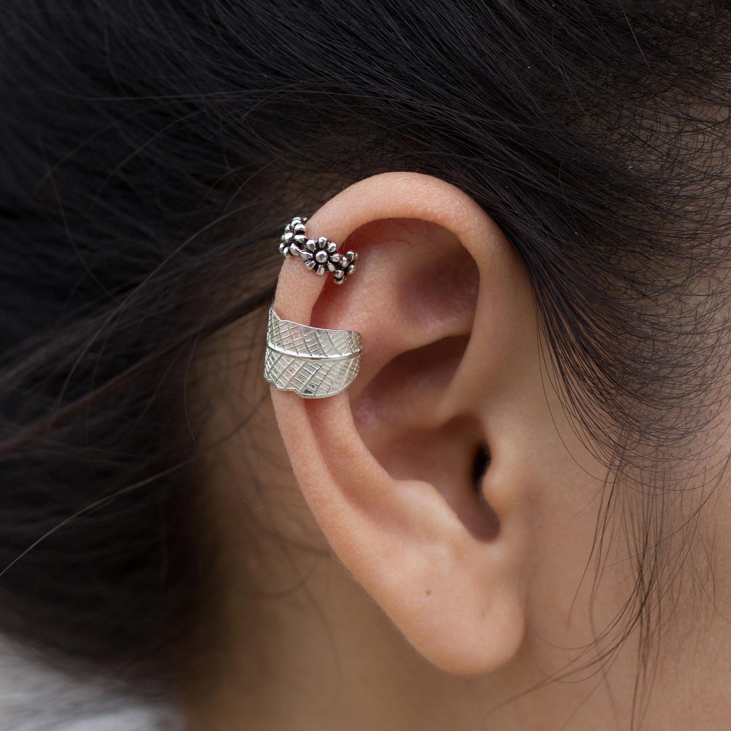 Foliage and Flowers Silver Ear Cuffs