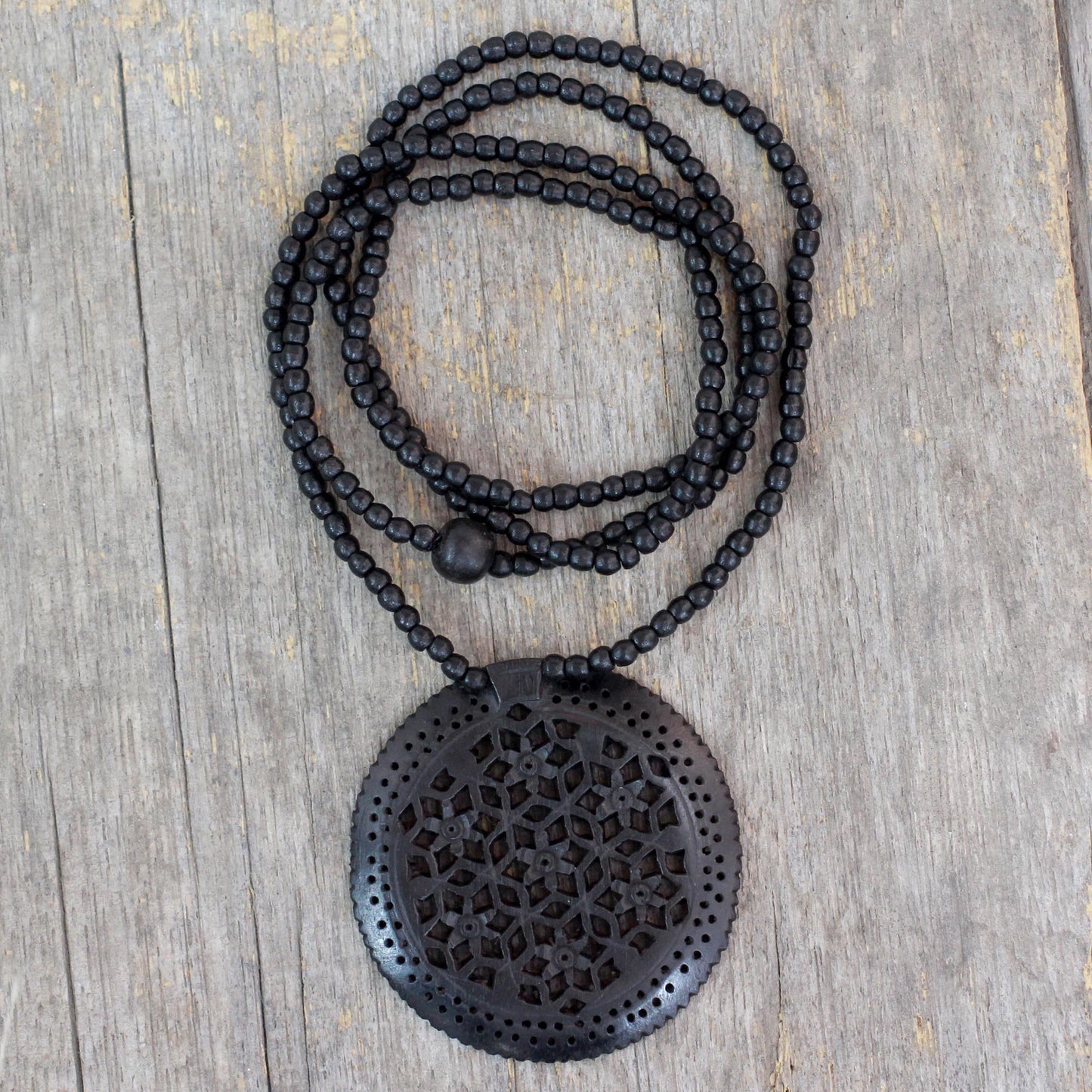 Mughal Enchantress Medallion Jali Jewelry Ebony Wood Beaded Necklace