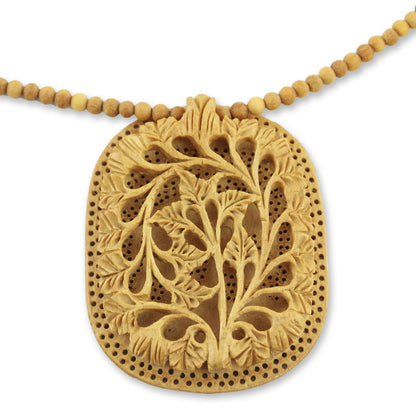 Elephant Shadow Hand Made Indian Floral Wood Pendant Necklace