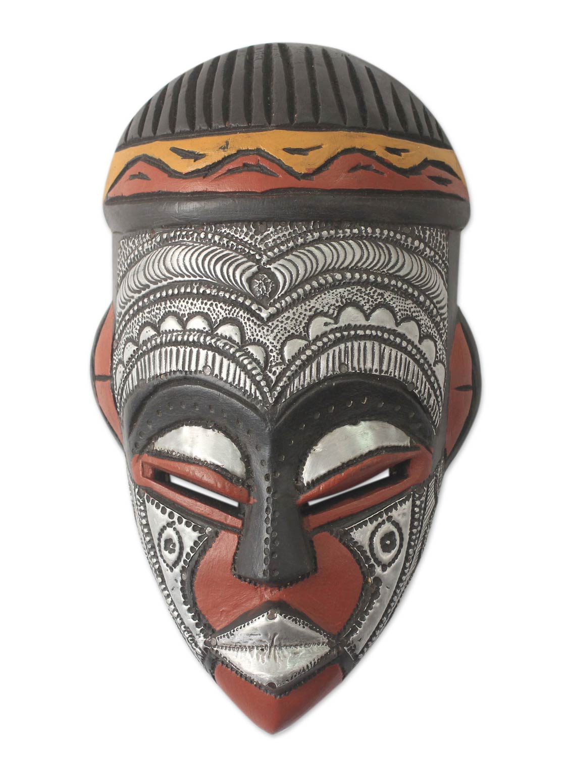 Daimuwa III Hand Carved African Wood Mask with Embossed Aluminum