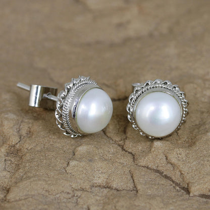 Blossoming Purity Cultured Pearl Earrings in Sterling Silver from India