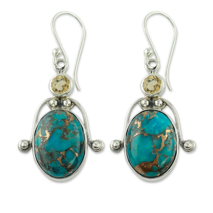 Goddess Citrine and Comp Turquoise Earrings Modern Silver Jewelry