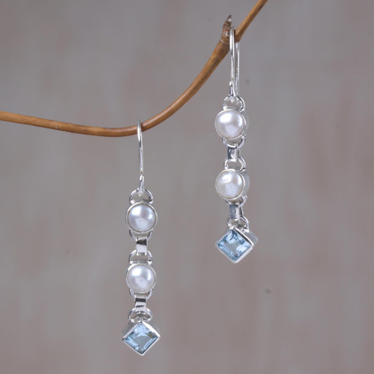 Silver Trail Blue Topaz & Pearl Dangle Earrings