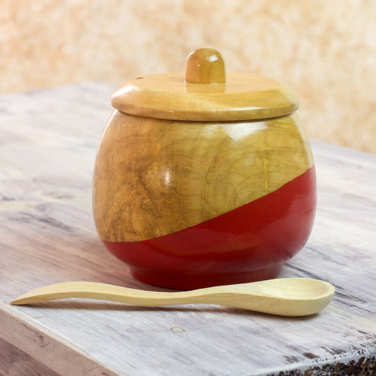 Sweet Red Dip Painted Hand Carved Wood Sugar Bowl