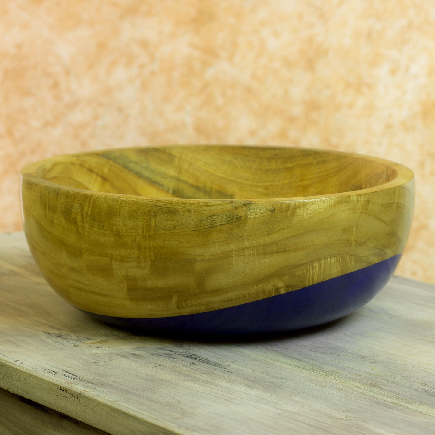 Spicy Blue Dip Painted Hand Carved Wood Bowl (large)