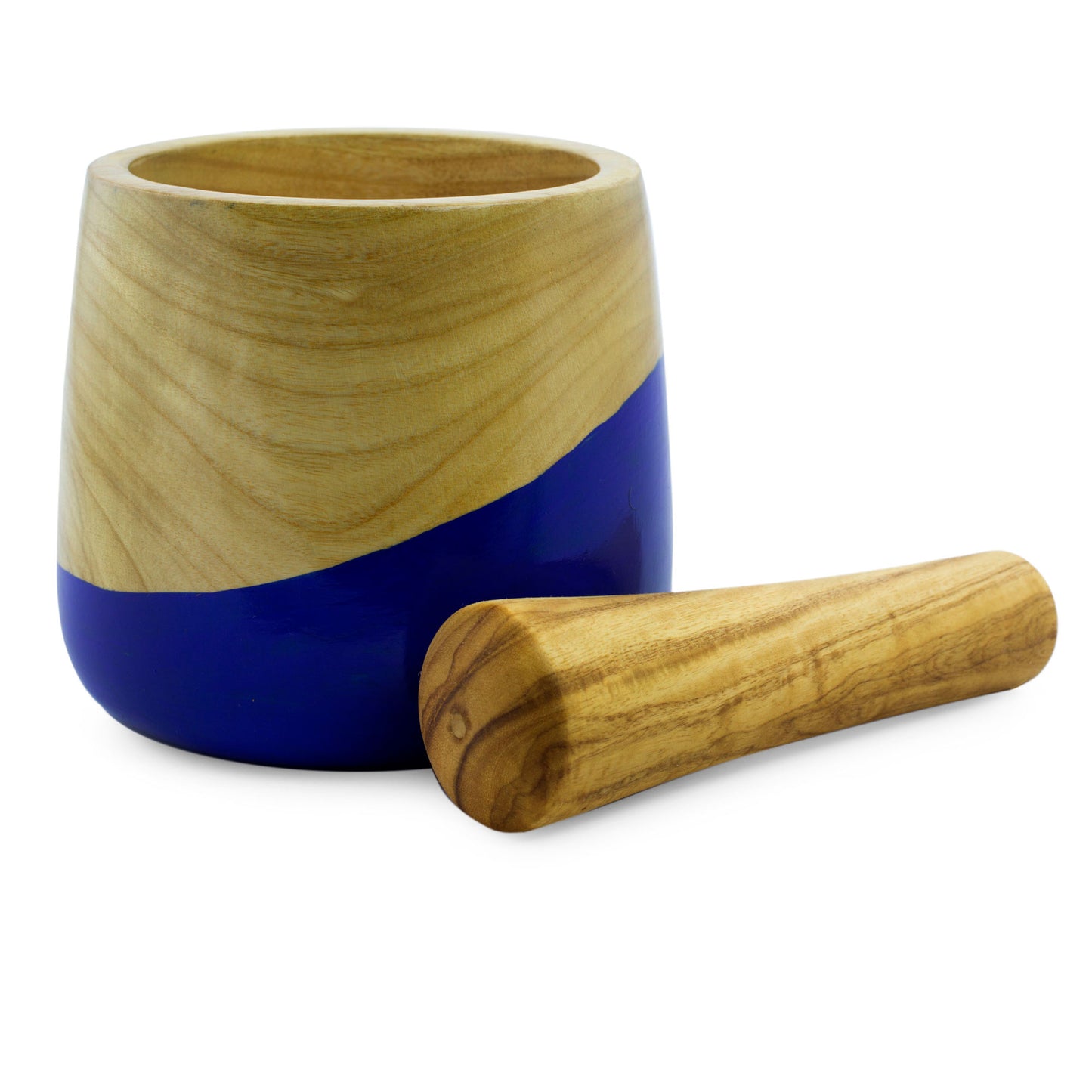 Spicy Blue Dip Painted Hand Carved Wood Mortar