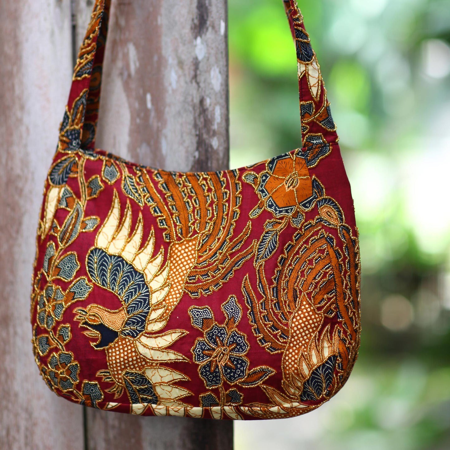 Rooster Hand Beaded Red Cotton Shoulder Bag