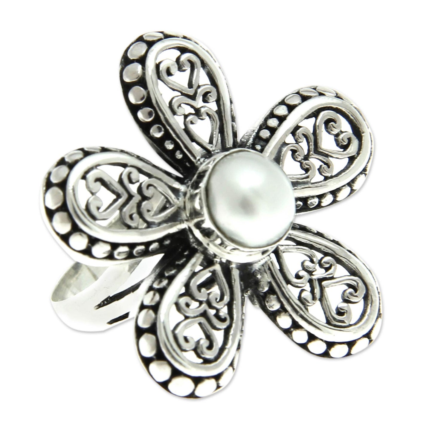 White Plumeria Women's Cultured Pearl and Silver 925 Flower Ring