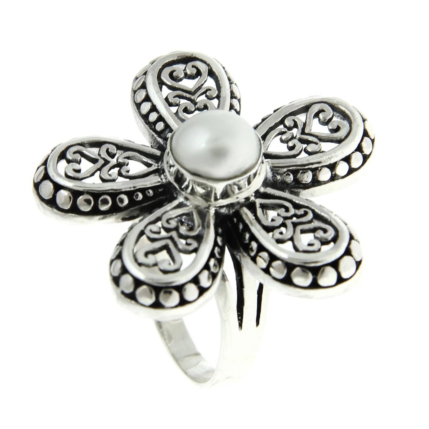 White Plumeria Women's Cultured Pearl and Silver 925 Flower Ring