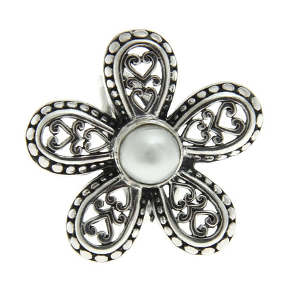 White Plumeria Women's Cultured Pearl and Silver 925 Flower Ring