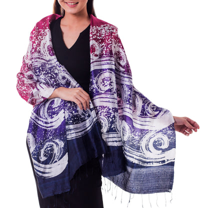 Ocean Hyacinth Hand Painted Silk Batik Shawl