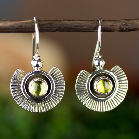 Teotihuacan Suns Artisan Crafted Earrings with Peridot and Sterling Silver