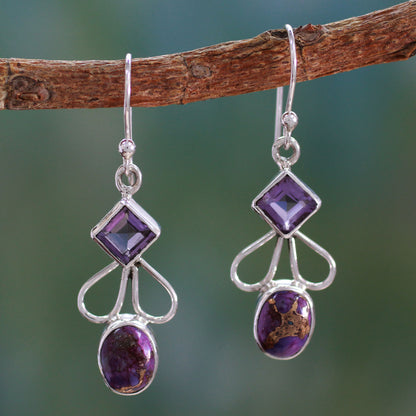 Bollywood Purple Amethyst Comp Turquoise and Silver Artisan Crafted Earrings