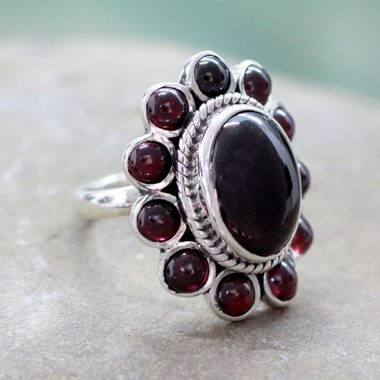 Scarlet Petals Floral Jewelry Sterling Silver and Garnet Ring