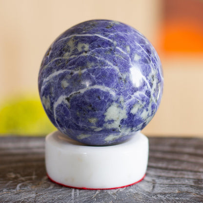 Planet Earth Sodalite Sphere on White Onyx Stand Natural Gemstones