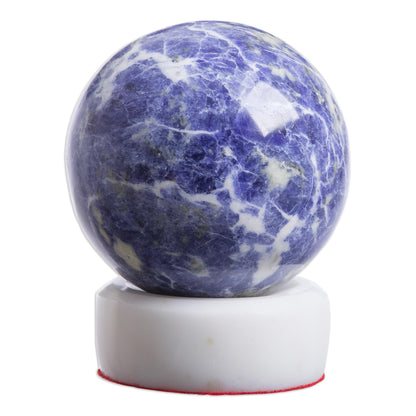 Planet Earth Sodalite Sphere on White Onyx Stand Natural Gemstones