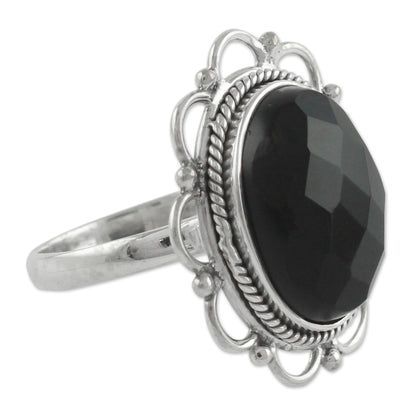 Midnight Blossom Onyx and Sterling Silver Flower Ring from India