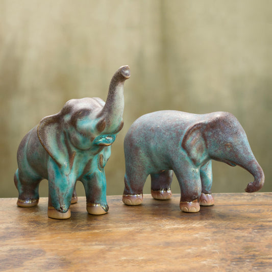 Thai Greetings Artisan Crafted Ceramic Figurines Blue Elephants (pair)