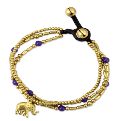 Purple Elephant Charm Brass Bracelet Purple-color Gems Beaded Jewelry