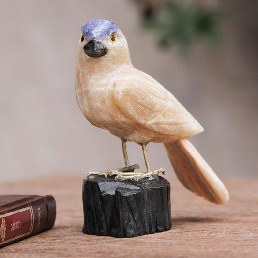 Sparrow of Creativity Bird Sculpture in Caramel Calcite on Onyx Stand