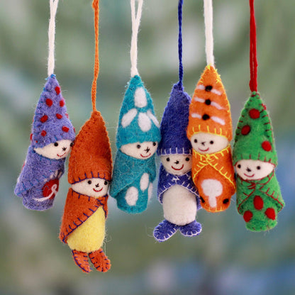 Babies in Snowsuits Set of 6 Handmade Wool Ornaments from India