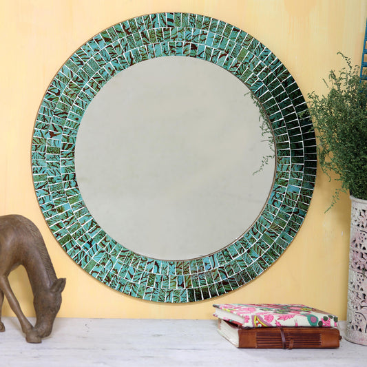 Turquoise Sunset Glass Tiles Round Wall Mirror