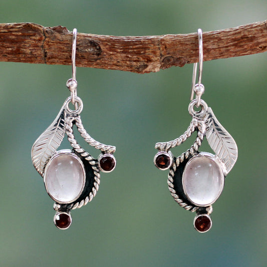 Dew Blossom Handmade Earrings Rose Quartz and Garnet from India