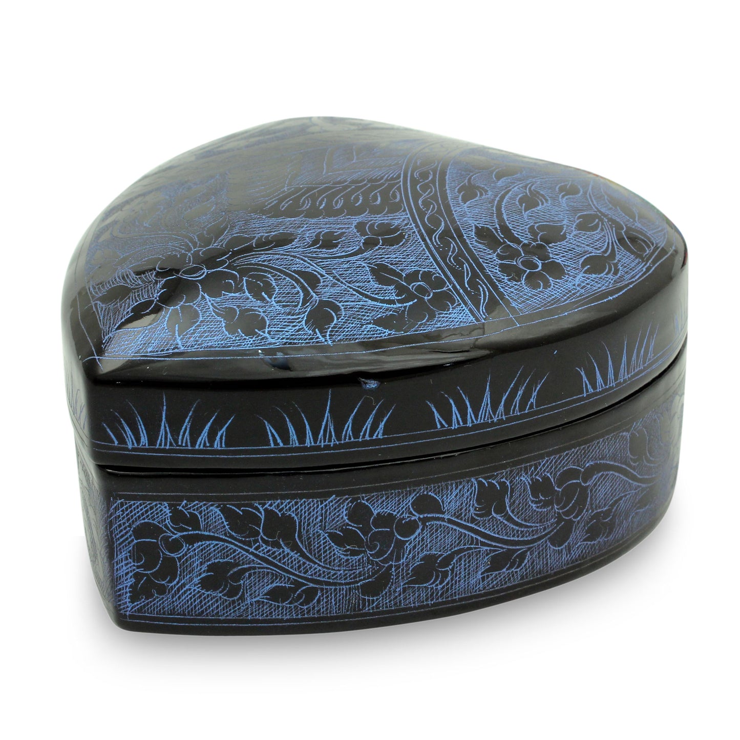 Blue Floral Heart Thai Blue and Black Lacquered Wood Heart Box