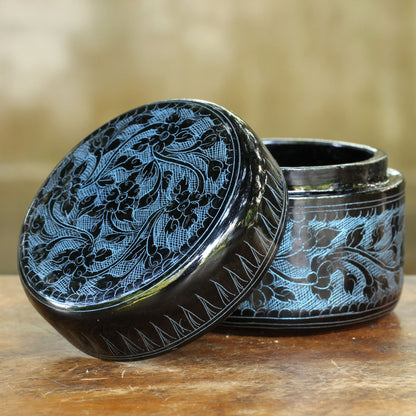 Exotic Blue Flora Round Decorative Box Handcrafted Lacquered Wood