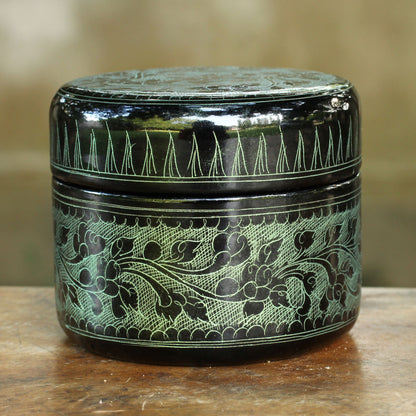 Exotic Green Flora Handcrafted Lacquered Wood Round Decorative Box