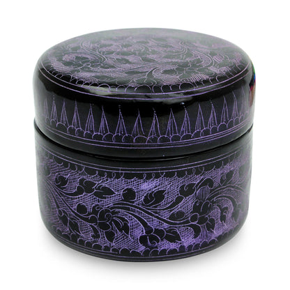 Exotic Purple Flora Handcrafted Lacquered Wood Round Decorative Box