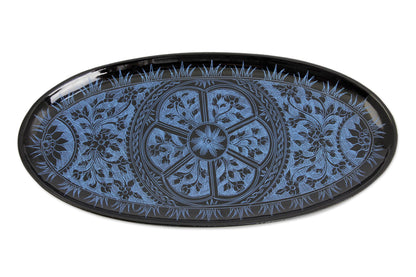 Floral Medallion Blue on Black Lacquered Catchall Tray