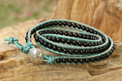 Inner Balance Onyx and Leather Wrap Bracelet Thai Artisan Jewelry