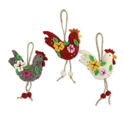 Three French Hens Handcrafted Wool Felt Ornaments from India (set of 3)